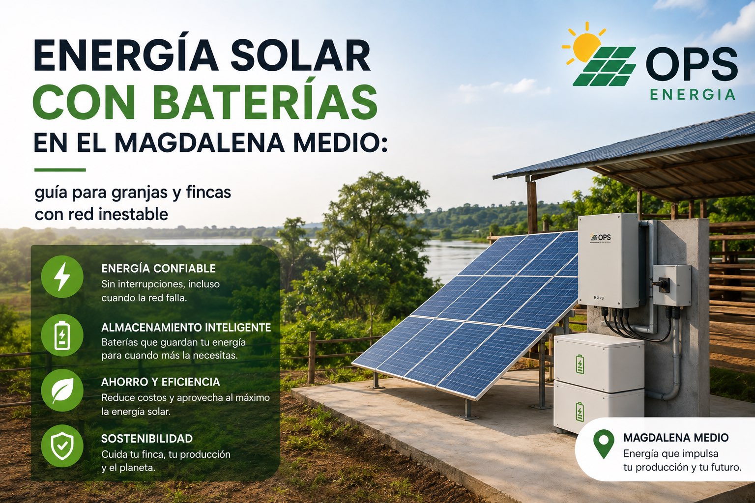Sistema solar con banco de baterías instalado en una finca junto al río en el Magdalena Medio — energía confiable para granjas con red inestable