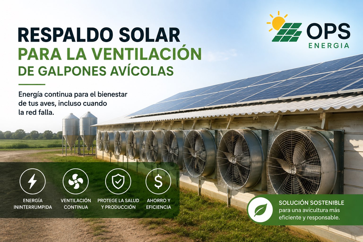 Galpón avícola con paneles solares en el techo y fila de ventiladores industriales — respaldo solar para ventilación de granjas avícolas