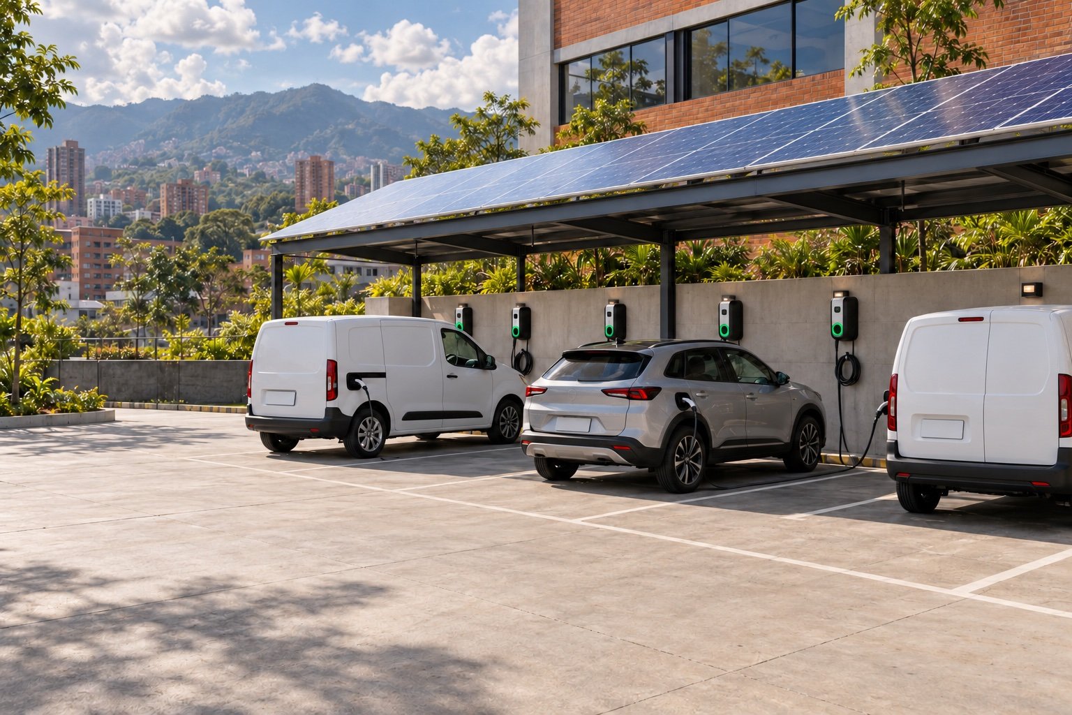 Parqueadero de una empresa en una ciudad colombiana con dos furgonetas blancas y un SUV conectados a cargadores de pared bajo una marquesina con paneles solares (imagen generada con IA)