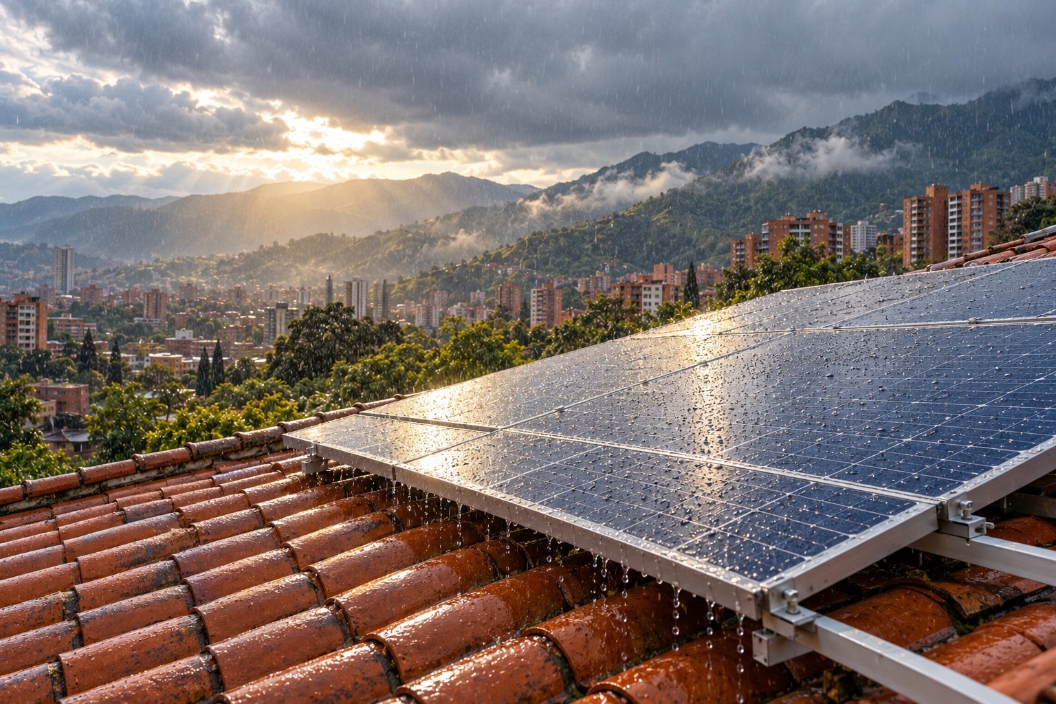 Paneles solares mojados por la lluvia sobre un tejado de teja de barro en una ciudad andina de Colombia, con nubes grises y un claro de sol sobre las montañas (imagen generada con IA)